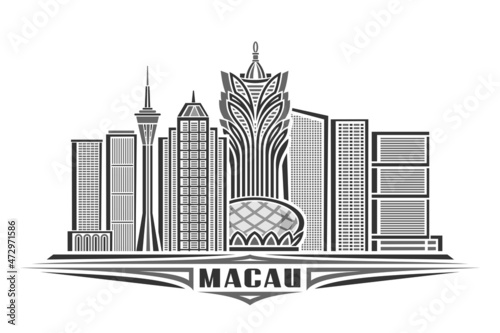 Vector illustration of Macau, monochrome horizontal poster with linear design famous macau city scape, urban line art concept with unique decorative lettering for black word macau on white background photo