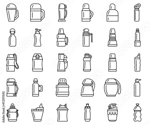 Thermos for hot food and drink. A thermocup, a bottle retains heat. For camping, tourism, travel. Set of vector icons, offline, isolated
