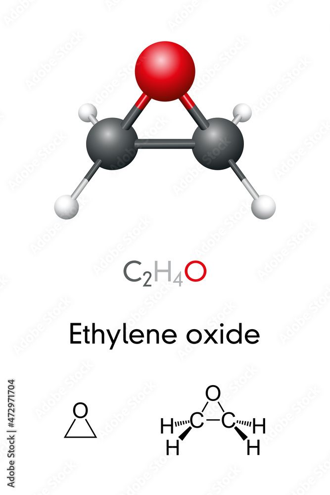 Ethylene oxide, C2H4O, molecule model and chemical formula. Also known as  oxirane, is a carcinogenic, mutagenic organic compound. A surface  disinfectant in hospitals and in medical equipment industry. Stock Vector |  Adobe