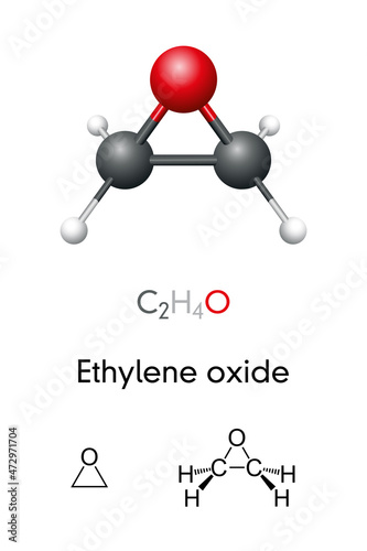 Ethylene oxide, C2H4O, molecule model and chemical formula. Also known as oxirane, is a carcinogenic, mutagenic organic compound. A surface disinfectant in hospitals and in medical equipment industry.