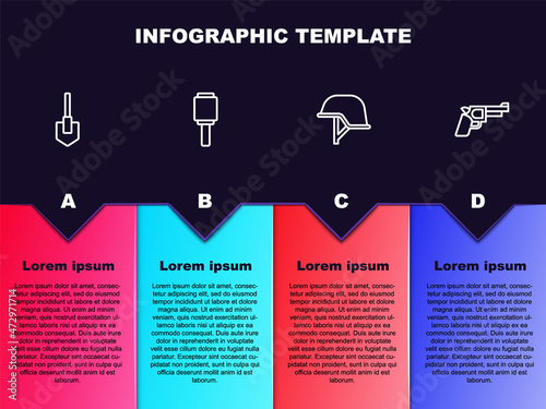 Set line Shovel, Anti-tank hand grenade, Military helmet and Pistol or gun. Business infographic template. Vector photo