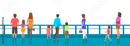 Young people in casual clothes back view. Characters stand near fence looking into distance. Parents and children spend time outdoors together. Family weekend getaway, walk, watching something