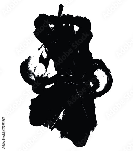 Formidable viking swung an ax in a jump and attacks the enemy. 2D illustration 