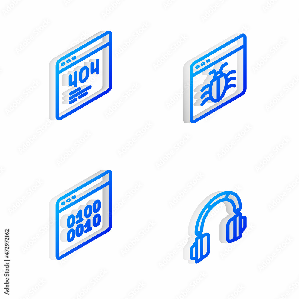 Set Isometric line System bug, Page with a 404 error, Binary code and Headphones icon. Vector