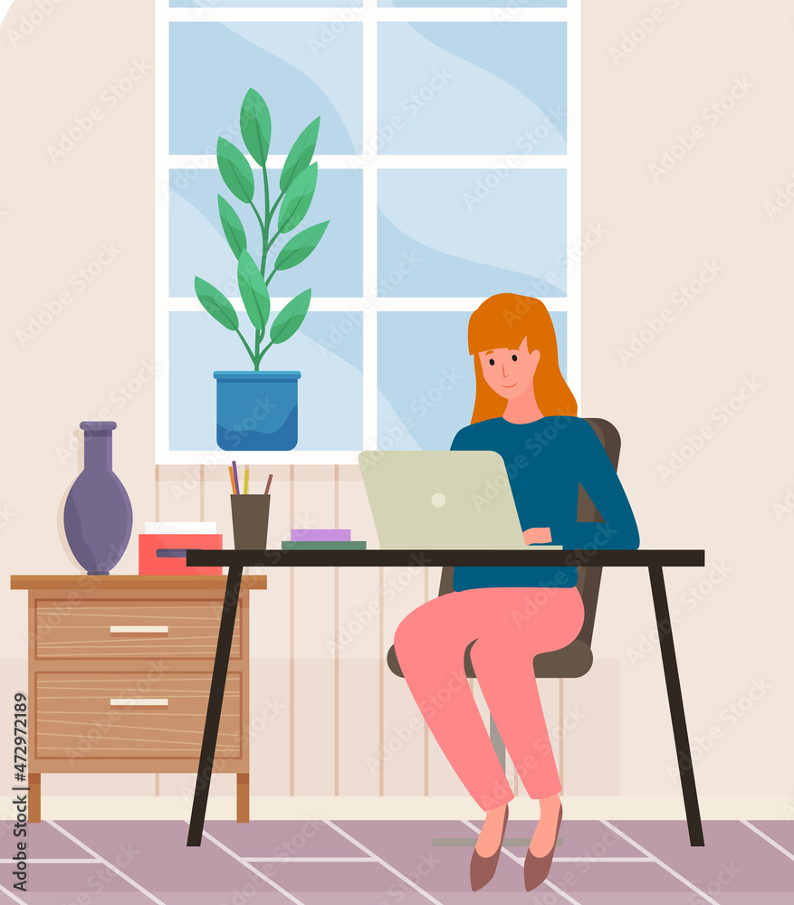 Woman working with laptop at workplace. Remote work, programming, online freelancing. Female character sits with digital technology, performs tasks. Company employee with computer at work in office