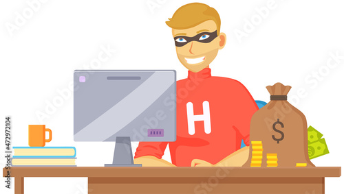 Blocking hacker attack to personal account. Hacker breaks into computer. Cyber attacker trying to hack computer. Breaking system, virus, cracking software. Man is hacking PC protection system