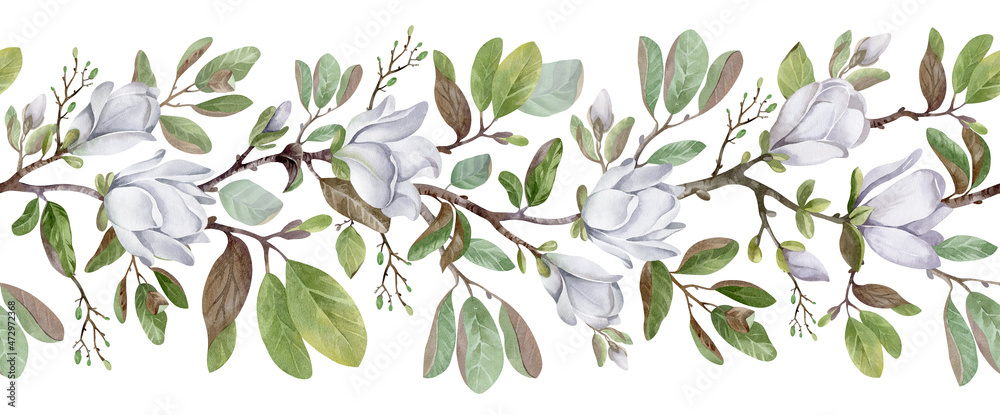 Fototapeta premium Watercolor seamless border. Blooming magnolia flowers. for fabrics, textiles, roll wallpaper, design, cards, invitations, stickers, wedding, birthday, Valentine's Day, 