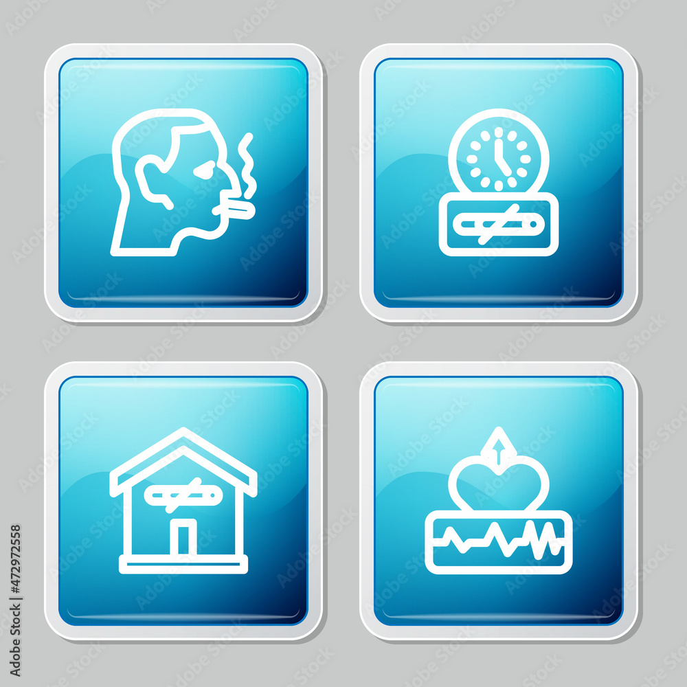 Set line Man smoking a cigarette, No time, at home and Heartbeat increase icon. Vector