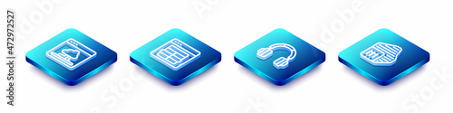 Set Isometric line Cloud technology data transfer, MySQL code, Headphones and Processor icon. Vector