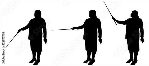 A woman with a pointer in her hands. Office worker, secretary, employee, teacher, trainer points to the sides with a pointer. Side view. Three black female silhouettes isolated on white background.