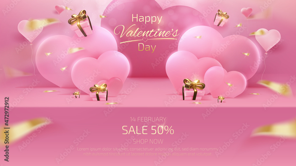 Valentine's day background and sale banner template with realistic 3d pink shelf and gift box elements, ribbon, balloon heart shaped with glitter light effects and bokeh. Valentine's day background and sale banner template with realistic 3d pink shelf and gift box elements, ribbon, balloon heart shaped with glitter light effects and bokeh.
