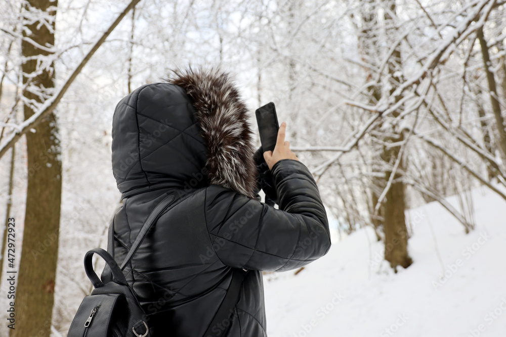 Woman in black coat with fur hood taking pictures of snow nature on a smartphone in the winter forest. Trees after snowfall, leisure at cold weather