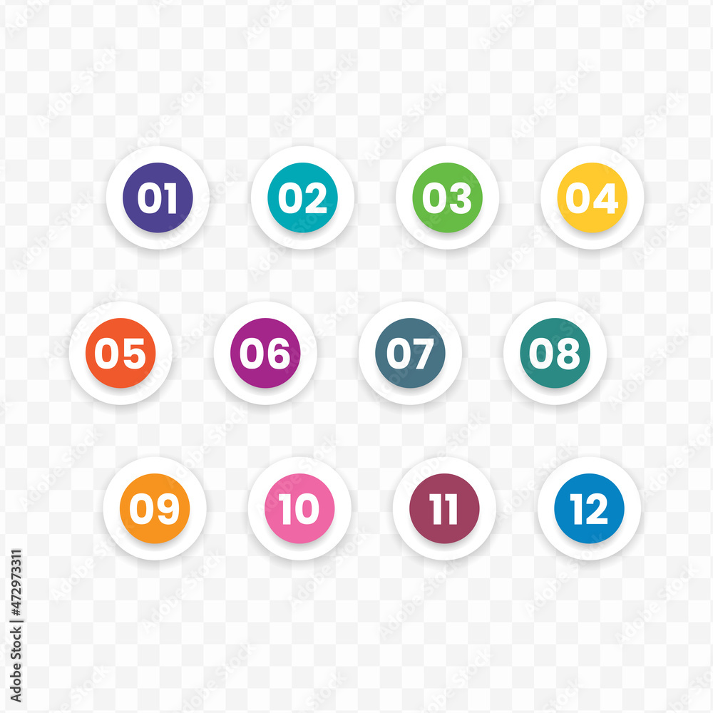 Vector illustration of circle number bullet points from one to twelve with a transparent background (PNG). Vector illustration of circle number bullet points from one to twelve with a transparent background (PNG).