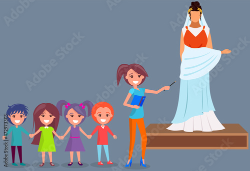 Museum visitors group of small children looking at classical figure of roman citizen female character, museum guide telling kids about historical person, people viewing museum exhibit on excursions