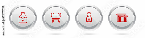 Set line Sports nutrition, Bench with barbell, Vitamins and Uneven bars. Silver circle button. Vector