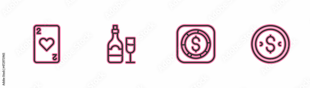 Set line Playing card with heart, Coin money dollar, Champagne bottle glass and icon. Vector Set line Playing card with heart, Coin money dollar, Champagne bottle glass and icon. Vector