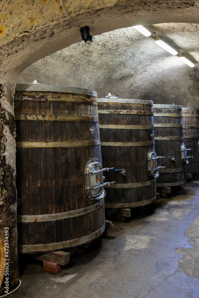 Wine cellars with barrels, traditional wine called Bikaver near Eger, Hungary Wine cellars with barrels, traditional wine called Bikaver near Eger, Hungary