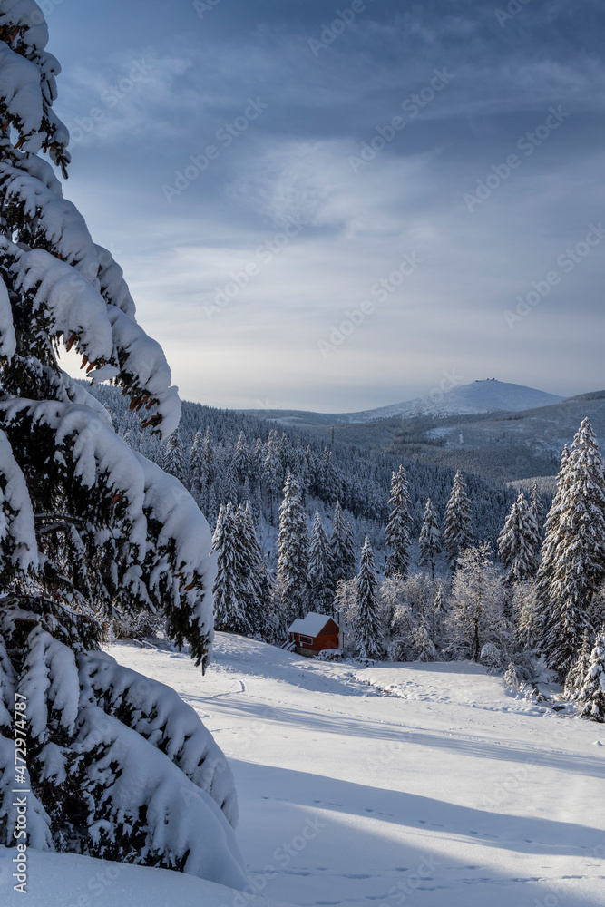 Obraz premium Winter landscape with Snezka hill, Giant Mountains (Krkonose), Eastern Bohemia, Czech Republic