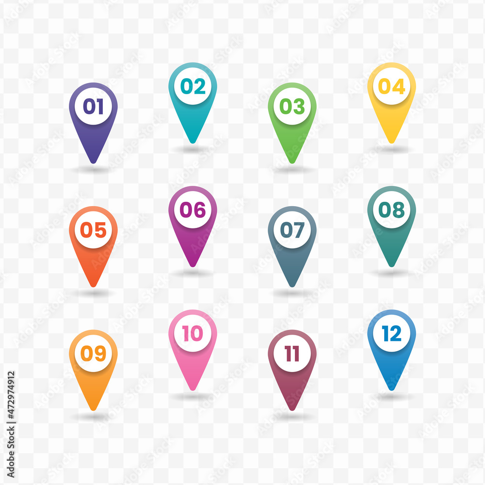 Vector illustration of location number bullet points from one to twelve with a transparent background (PNG). Vector illustration of location number bullet points from one to twelve with a transparent background (PNG).