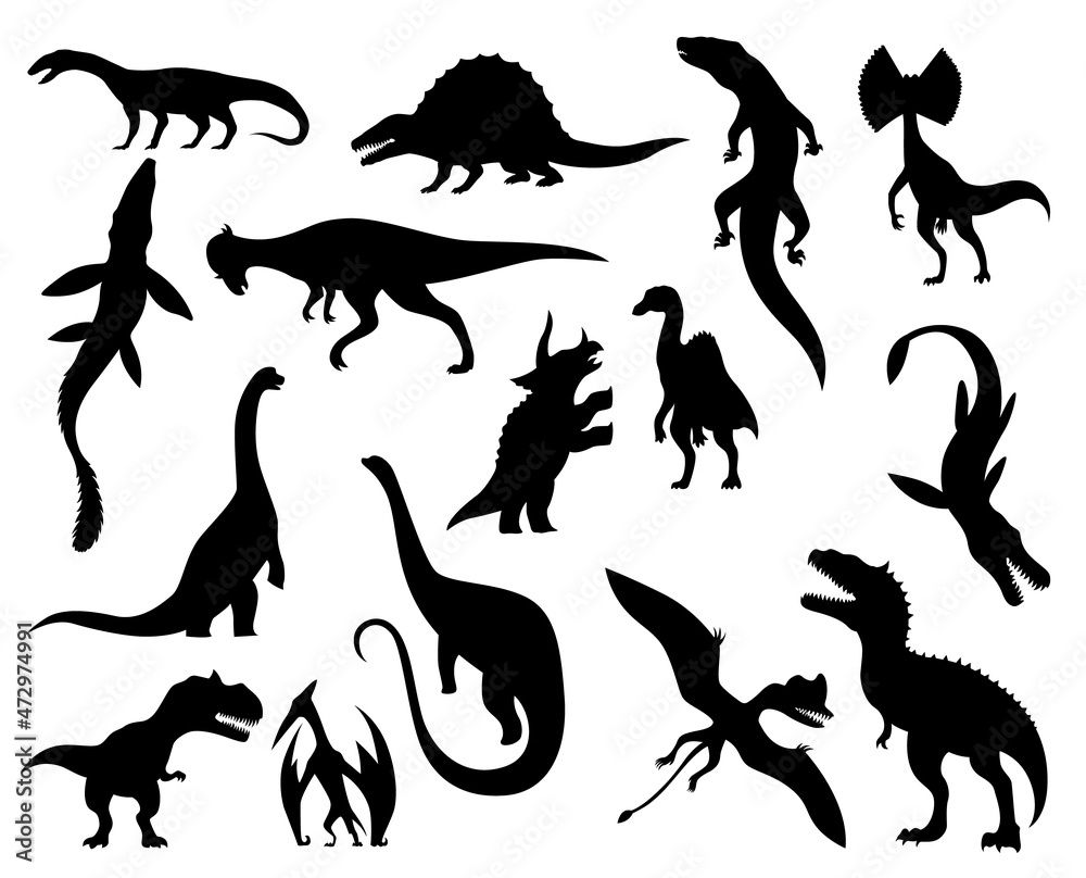 Collection silhouettes of dinosaurs. Dino monsters icons. Prehistoric reptile monsters.  illustration isolated on white. Sketch set. Hand drawn dino skeletons