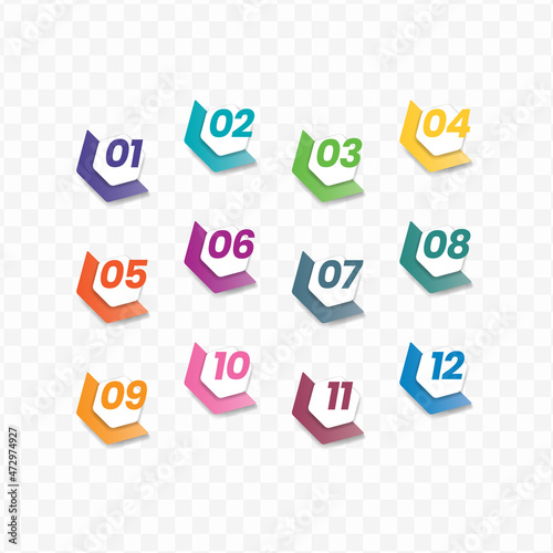 Vector illustration of hexagon number bullet points from one to twelve with a transparent background (PNG).