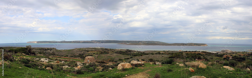 Panoramic view of both islands of Gozo and Comino in the Mediterranean from the island of Malta