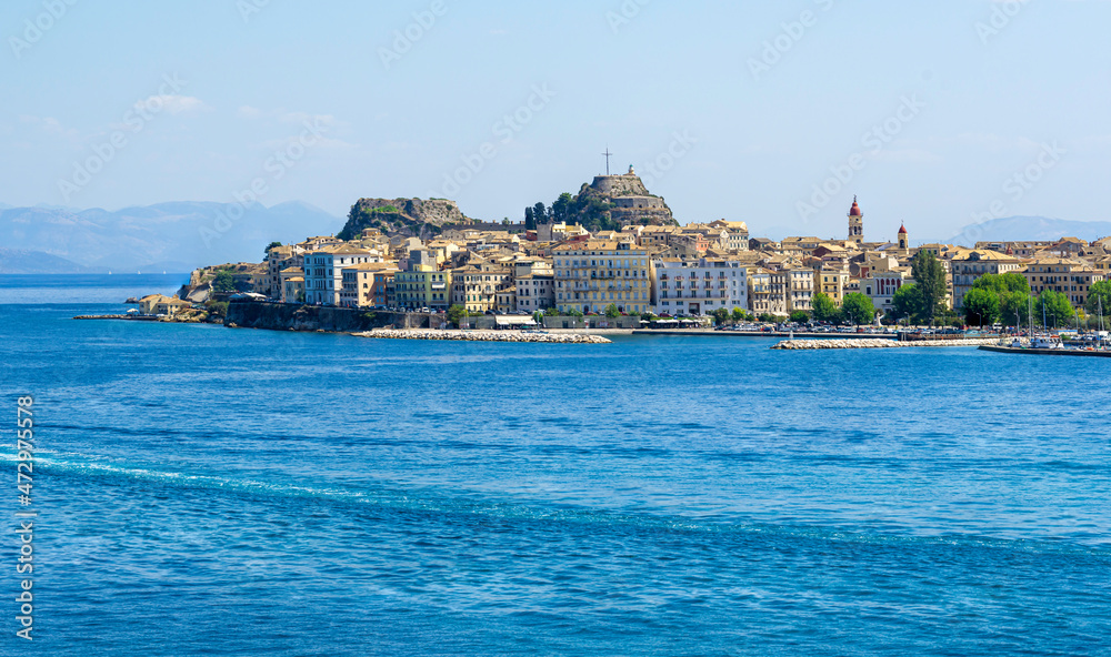 Panoramic view from the sea of Kerkyra, capital of Corfu island, Greece
