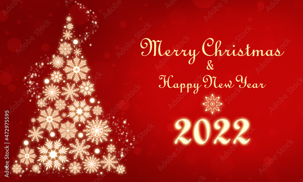 Bright Christmas illustration with a fir tree made from glowing snowflakes. Gold snowflakes on a red background with text and numbers. Beautiful festive background. Red Christmas gradient. Glowing wor