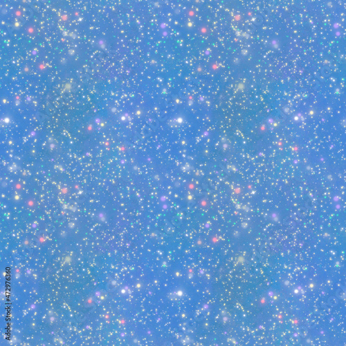 seamless pattern of blue color with sequins, starry winter sky,snow-covered background, cosmic blue background with stars, hand-drawn