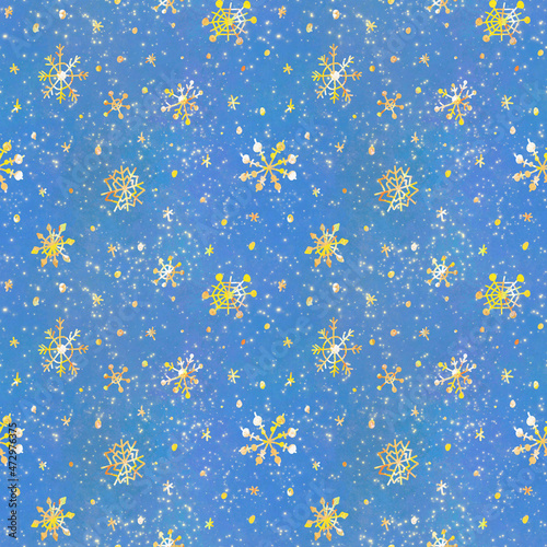 seamless pattern of blue color with sequins, starry winter sky,snow-covered background, cosmic blue background with stars, hand-drawn