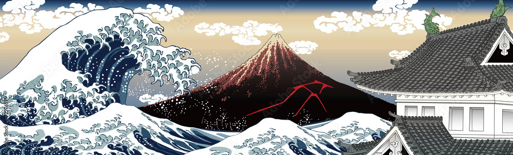 Obraz premium 神奈川沖浪裏＆山下白雨＆城 ロングバージョン 