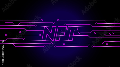 vector concept of NFT non-fungible tokens text in the center of neon line pcb network glowing in dark background.