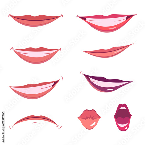 Face construction element, avatar creation with head parts. Vector cartoon set of lips. Head parts pack for face generator isolated on white background