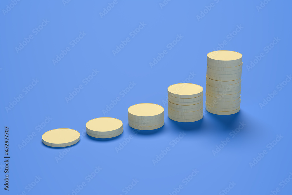 Growth concept stacks of yellow coins on blue background piling up to