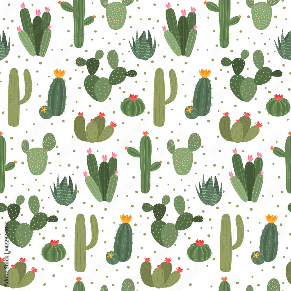 Cactus pattern. Cute seamless print with exotic plant with blossom and thorns on white background. Succulent house decoration, floral greenery, botanical blooming vector decor Cactus pattern. Cute seamless print with exotic plant with blossom and thorns on white background. Succulent house decoration, floral greenery, botanical blooming vector decor