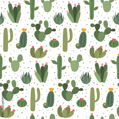 Cactus pattern. Cute seamless print with exotic plant with blossom and thorns on white background. Succulent house decoration, floral greenery, botanical blooming vector decor