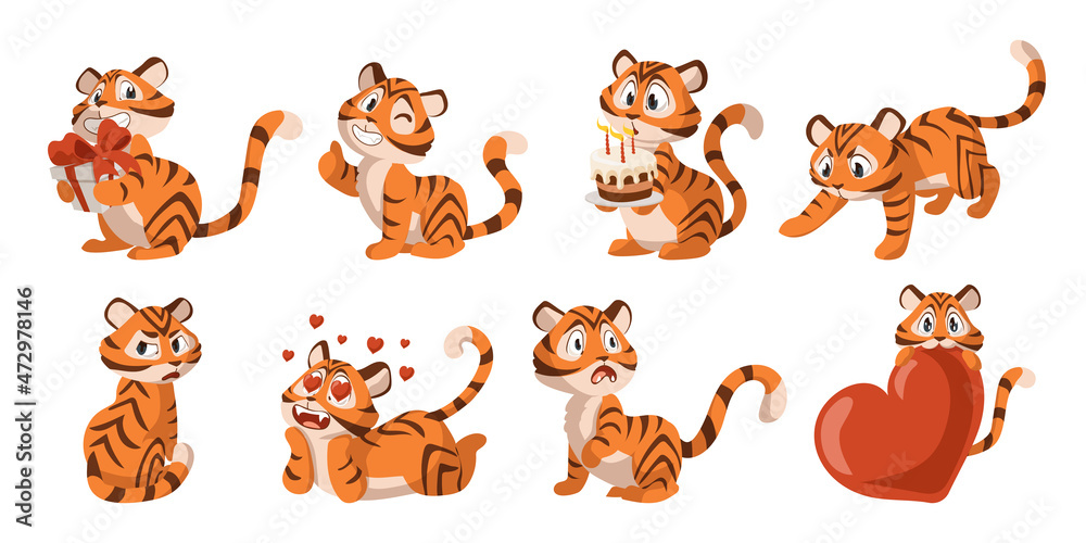 Obraz premium Cute tiger. Cartoon adorable kitten mascot. Happy striped wild animal for kids illustration. 2022 year or Valentine holidays symbol. Cat with gifts and birthday cake. Vector kitties set