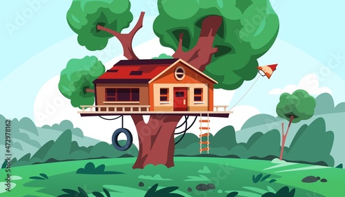 Cartoon house on tree. Summer background with cozy kids playground. Shed with door windows roof and ladder. Building on branches. Nature landscape. Vector children home illustration