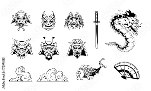 Samurai tattoo. Japanese clipart with warrior helmet and koi fish. Oriental dragon or ocean waves. Demon masks. Ninja graphic emblem. Vector black and white Asian military badges set