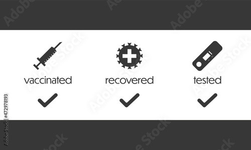 Corona access regulation notice with vector icons, english text and additional check signs arranged on top of each other on white background with grey bars on top and bottom in landscape format 