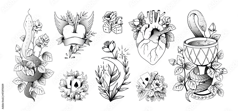 Tattoo art. Old school retro body prints design with knife and roses. Isolated anchor or cross tattooing. Playing cards and gambling dice. Vector black traditional ink drawings set Tattoo art. Old school retro body prints design with knife and roses. Isolated anchor or cross tattooing. Playing cards and gambling dice. Vector black traditional ink drawings set
