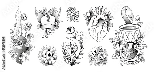 Tattoo art. Old school retro body prints design with knife and roses. Isolated anchor or cross tattooing. Playing cards and gambling dice. Vector black traditional ink drawings set