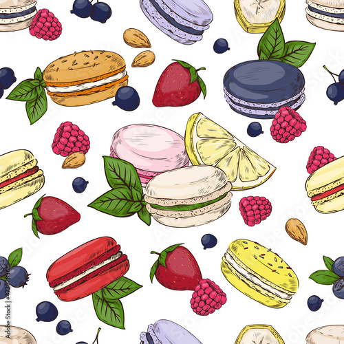 Paris macaron pattern. Seamless print with colorful French dessert of almond flour and different flavors. Fruits and berries. Delicious cookies. Vector hand drawn confectionery texture