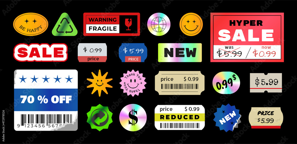 Price sticker. Doodle vintage holographic pricing tags and package labels  with torn edges. Sale signs. Square and round mockups of text promotional  badges. Vector merchandise icons set Stock Vector
