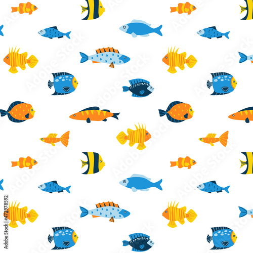 Abstract fish pattern. Seamless print of minimalistic sea and ocean fish with simple ornaments, geometric marine habitants for kids illustrations on white background. Vector texture