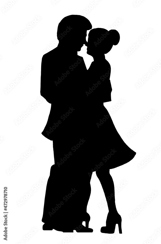 Silhouette of a couple dancing . Pair of dancers black silhouette