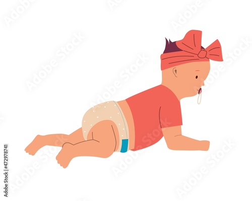 Little girl in diaper lies on floor. Cute baby with pacifier. Isolated kid crawling on tummy. Human age and toddler development step. Adorable newborn child. Vector infancy concept