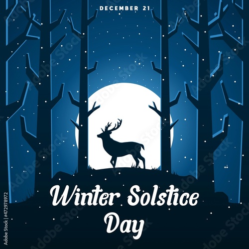Winter Solstice Day theme poster or banner. Vector illustration. Illustration silhouette deer, tree and mountain.