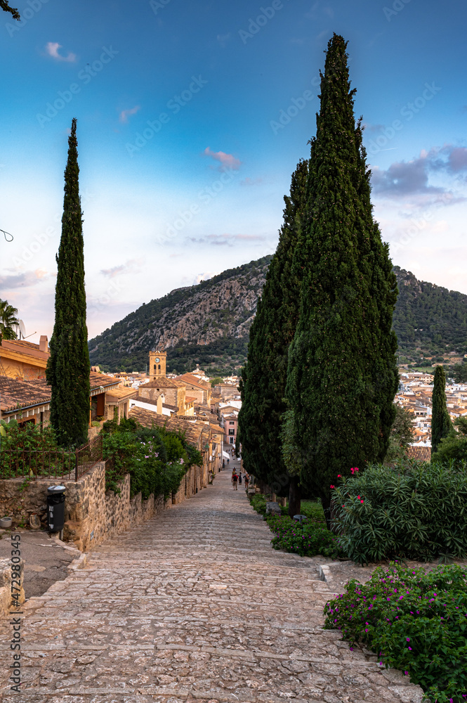 Old town with historical buildings during day in Spain, Mallorca, Pollenca