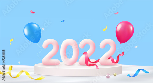 Happy new year 2022.3D numbers with ribbons and confetti on the podium, balloons, garlands. Congratulatory Christmas blue background with snowdrifts for festive events.